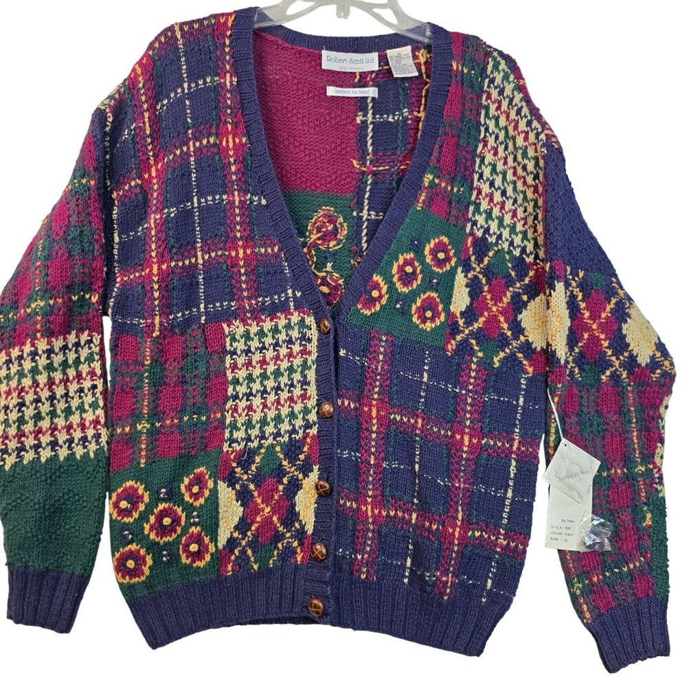 Hand Knitted Patchwork Cardigan XL by Robert Scott Ltd Grannycore Deadstock